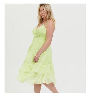 NEON YELLOW MESH FLORAL RUFFLE MIDI DRESS